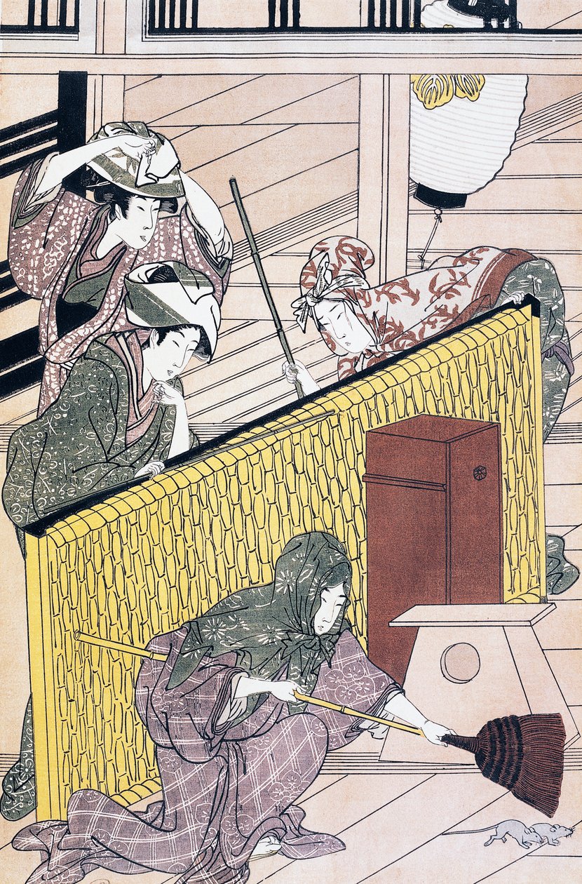 Tjänare som jagar möss i huset, ukiyo-e konsttryck av Suzuki Harunobu (1725-1770), träsnitt, japansk civilisation, Edo-period av Suzuki Harunobu
