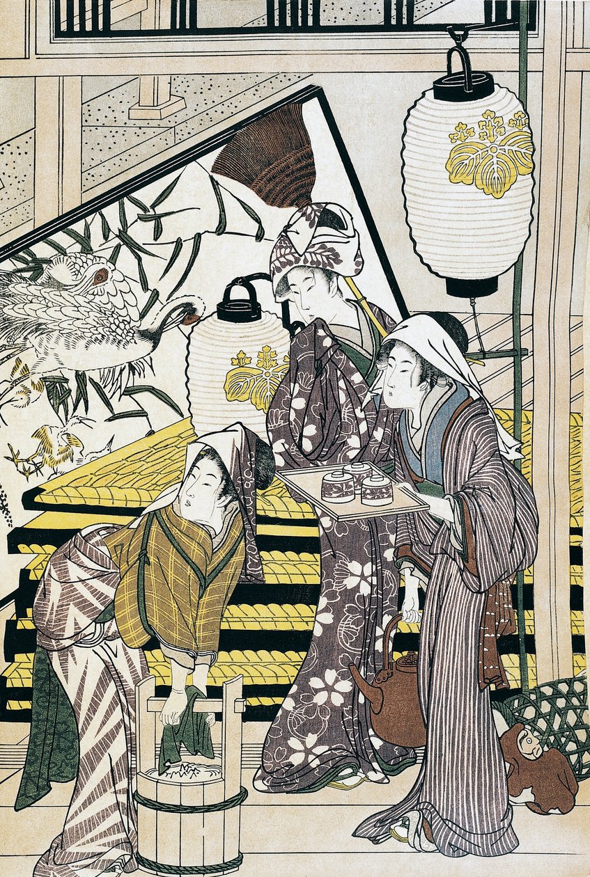 Tjänare som sliter i hemmet, ukiyo-e konsttryck av Suzuki Harunobu (1725-1770), träsnitt, japansk civilisation, Edo-perioden av Suzuki Harunobu