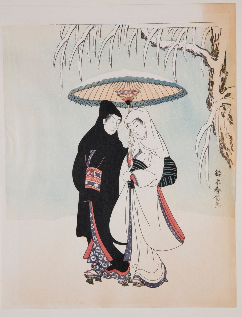 Promenad under ett parasoll i snön av Suzuki Harunobu