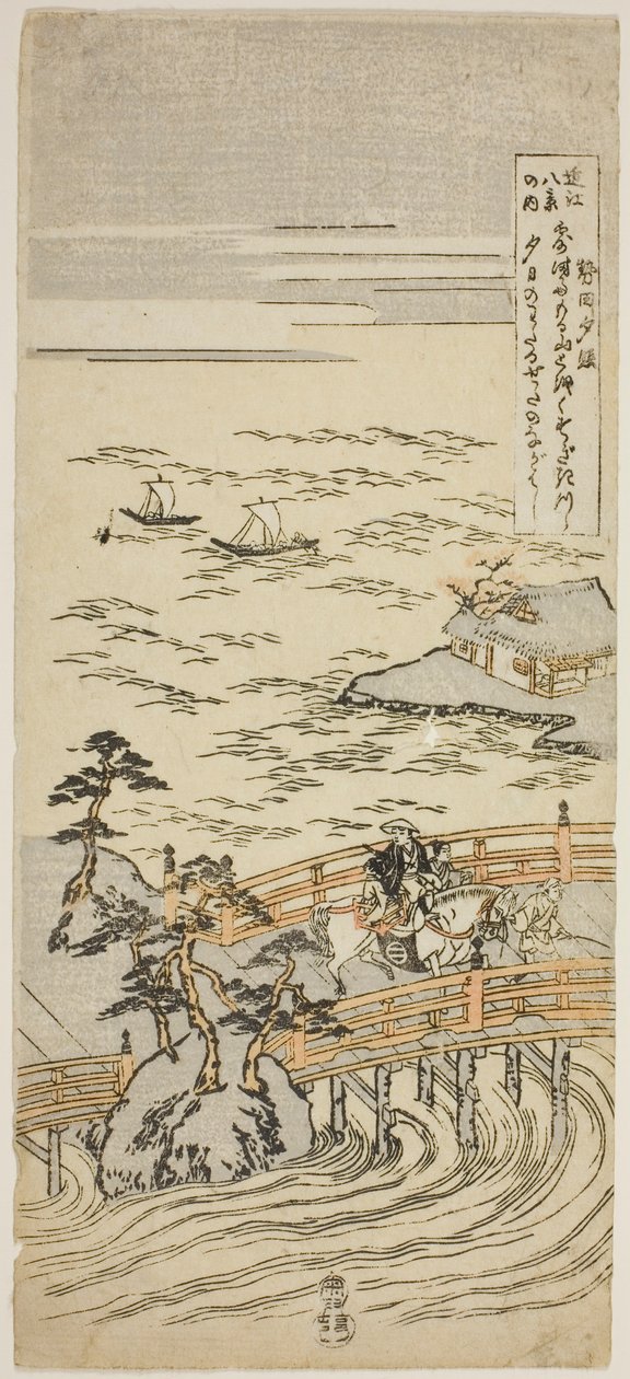 Sunset Glow at Seta (Seta Sekisho), från serien "Eight Views of Omi (Omi Hakkei No Uchi)" av Suzuki Harunobu