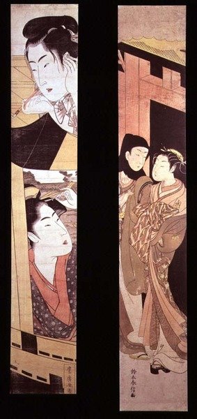 The Assignation: Two Lovers at a Gate, c.1768 (trätryck i färg) av Suzuki Harunobu