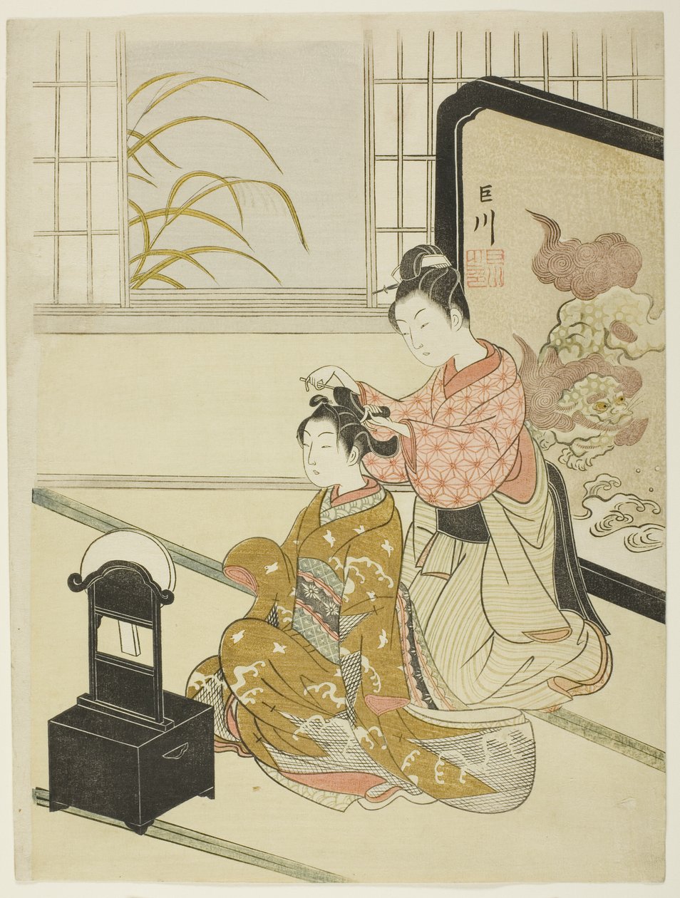 Höstmånen i spegeln (Kyodai no shugetsu), från serien "Eight Views of the Parlour (Zashiki hakkei)" av Suzuki Harunobu