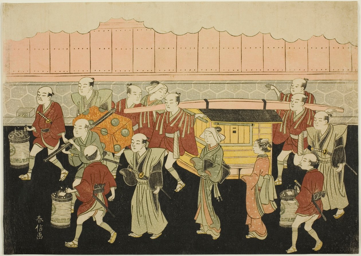 Bruden som rider i en palankin till sin makes hus (Koshi-iri), det tredje arket i serien "Äktenskap i brokadtryck, den dygdiga kvinnans vagn (Konrei nishiki misao-guruma)" av Suzuki Harunobu