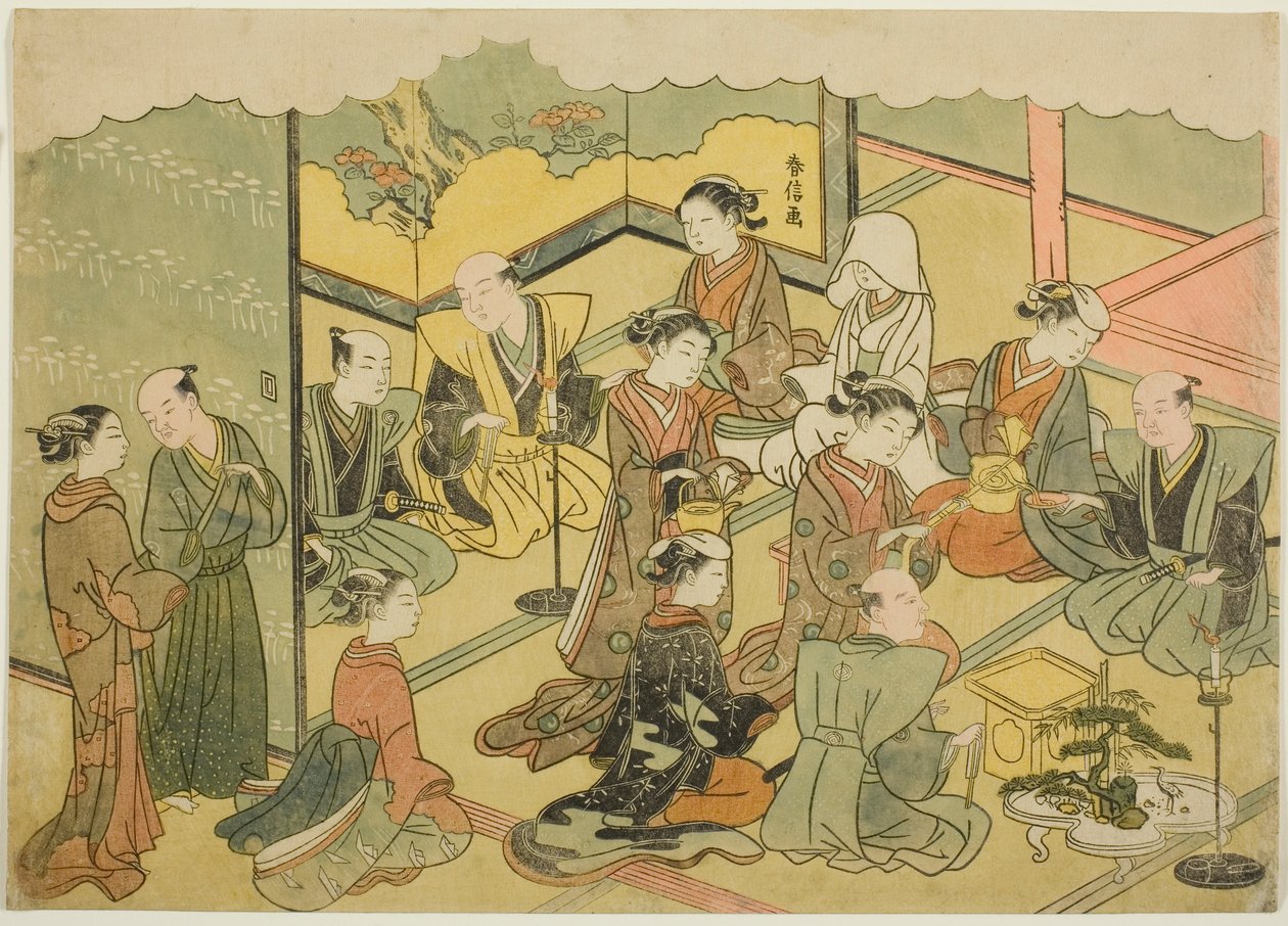 The Ceremonial Sake (Konrei sakazuki), det fjärde arket i serien "Marriage in Brocade Prints, the Carriage of the Virtuous Woman (Konrei nishiki misao-guruma)" av Suzuki Harunobu