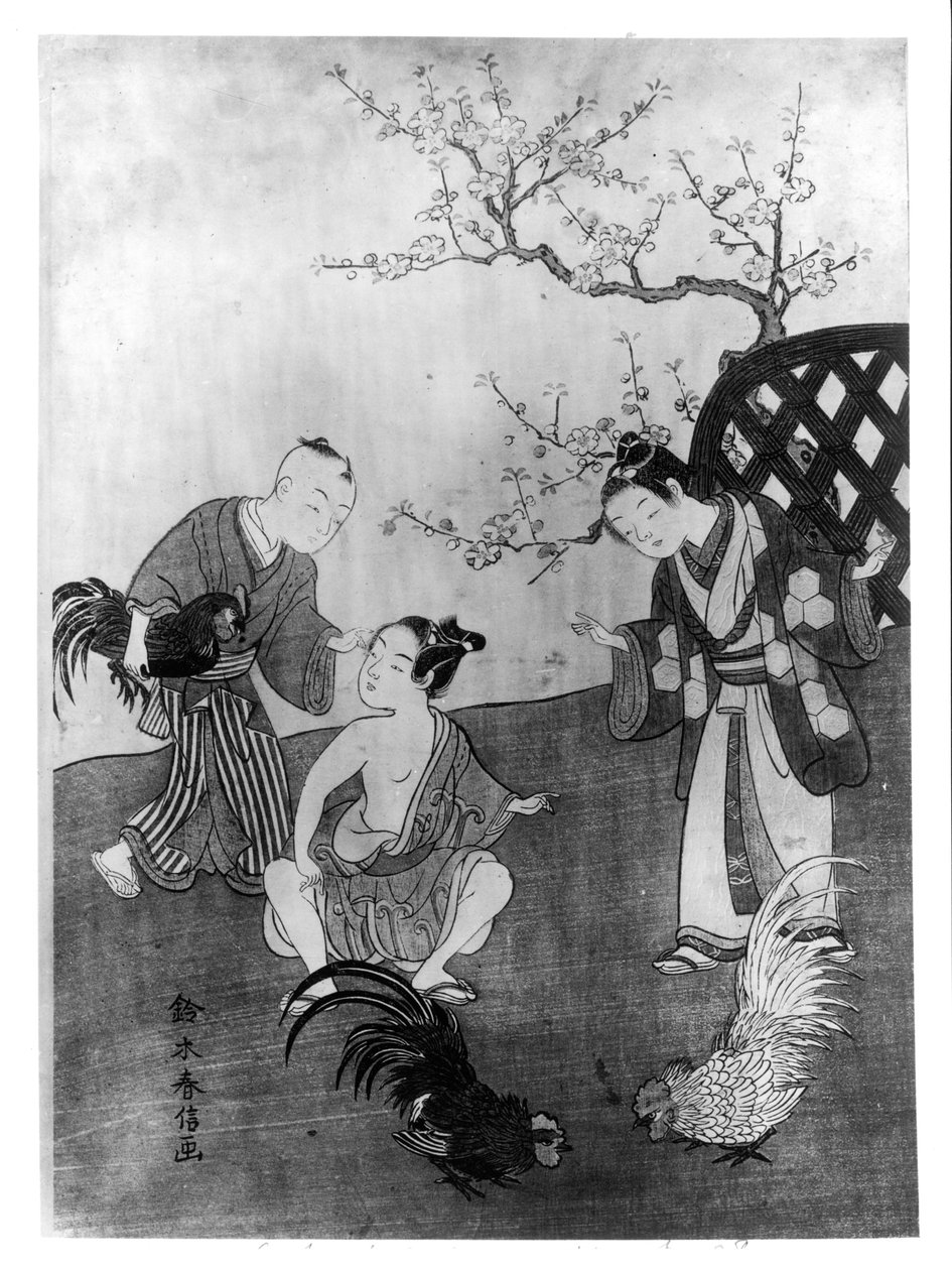 The Cockfight (träblocktryck) av Suzuki Harunobu
