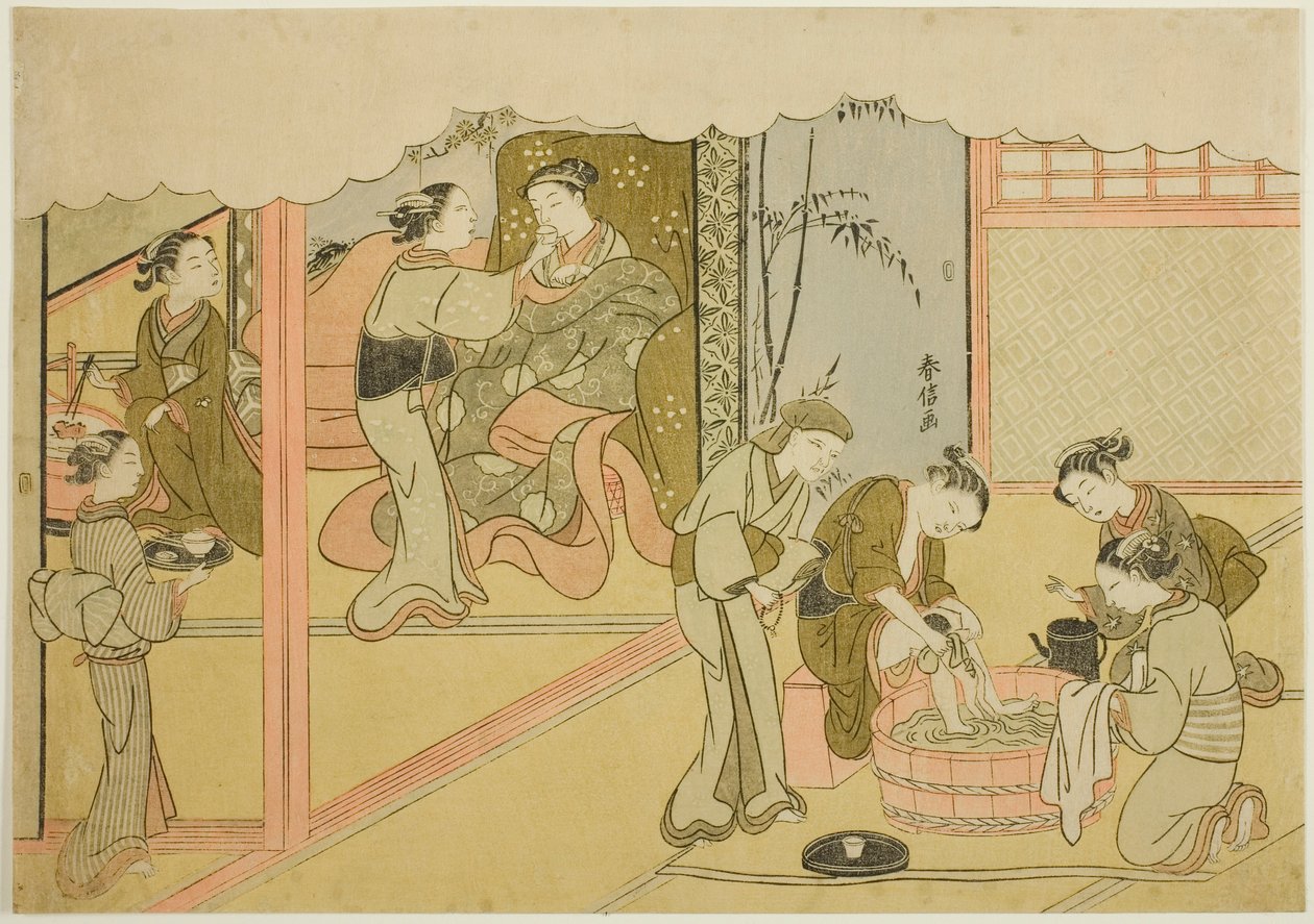 The First Childbirth (Uizan), det sjunde arket i serien "Marriage in Brocade Prints, the Carriage of the Virtuous Woman (Konrei nishiki misao-guruma)" av Suzuki Harunobu