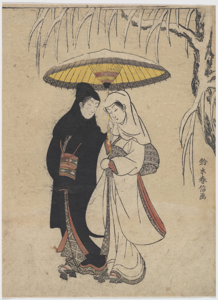 The Oriental Arts: Young Lovers Walking Together under an Paraply in a Snow Storm par Harunobu, Suzuki (1724-1770), ca 1769. Färgträsnitt, 25,7x19,1. Privat samling av Suzuki Harunobu