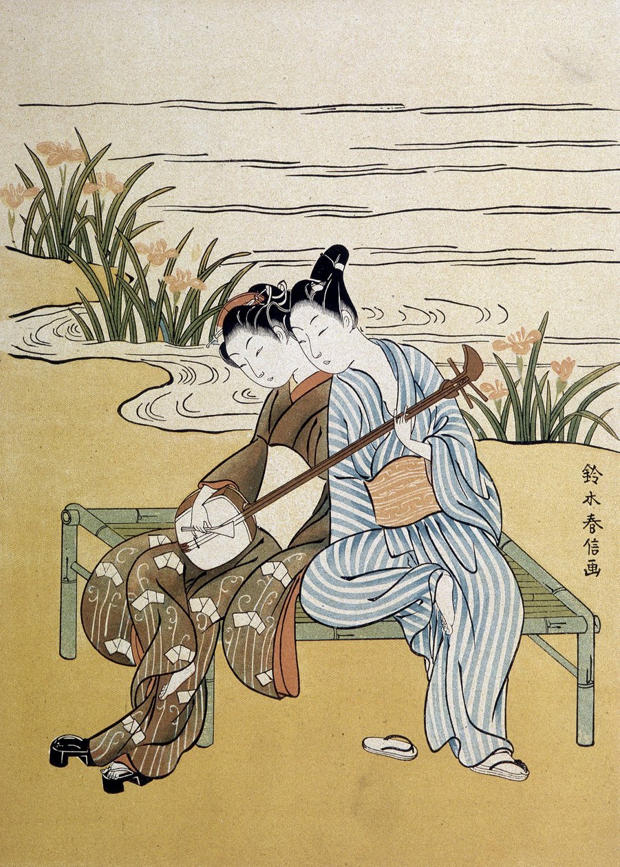The shamisen: par som spelar shamisen (eller samisen: långärmad lut med tre strängar) - av Harunobou, i "Japan artistique"", juli 1890 av Suzuki Harunobu