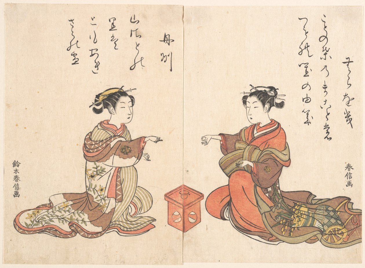 Två flickor spelar fingerspelet Kitsume Ken av Suzuki Harunobu