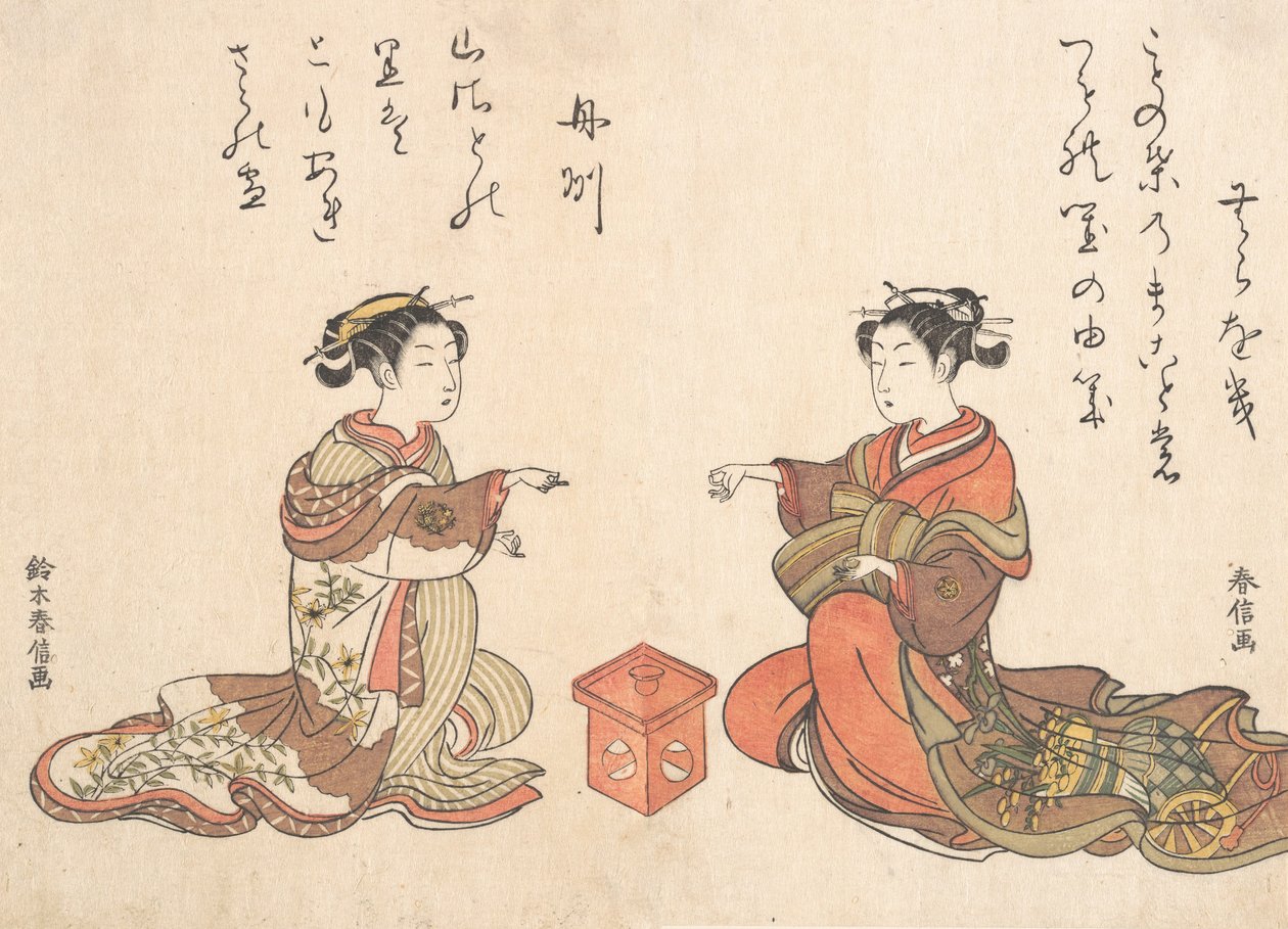 Two Girls Play the Finger Game of Kitsume Ken, 1725-1770., 1725-1770. av Suzuki Harunobu