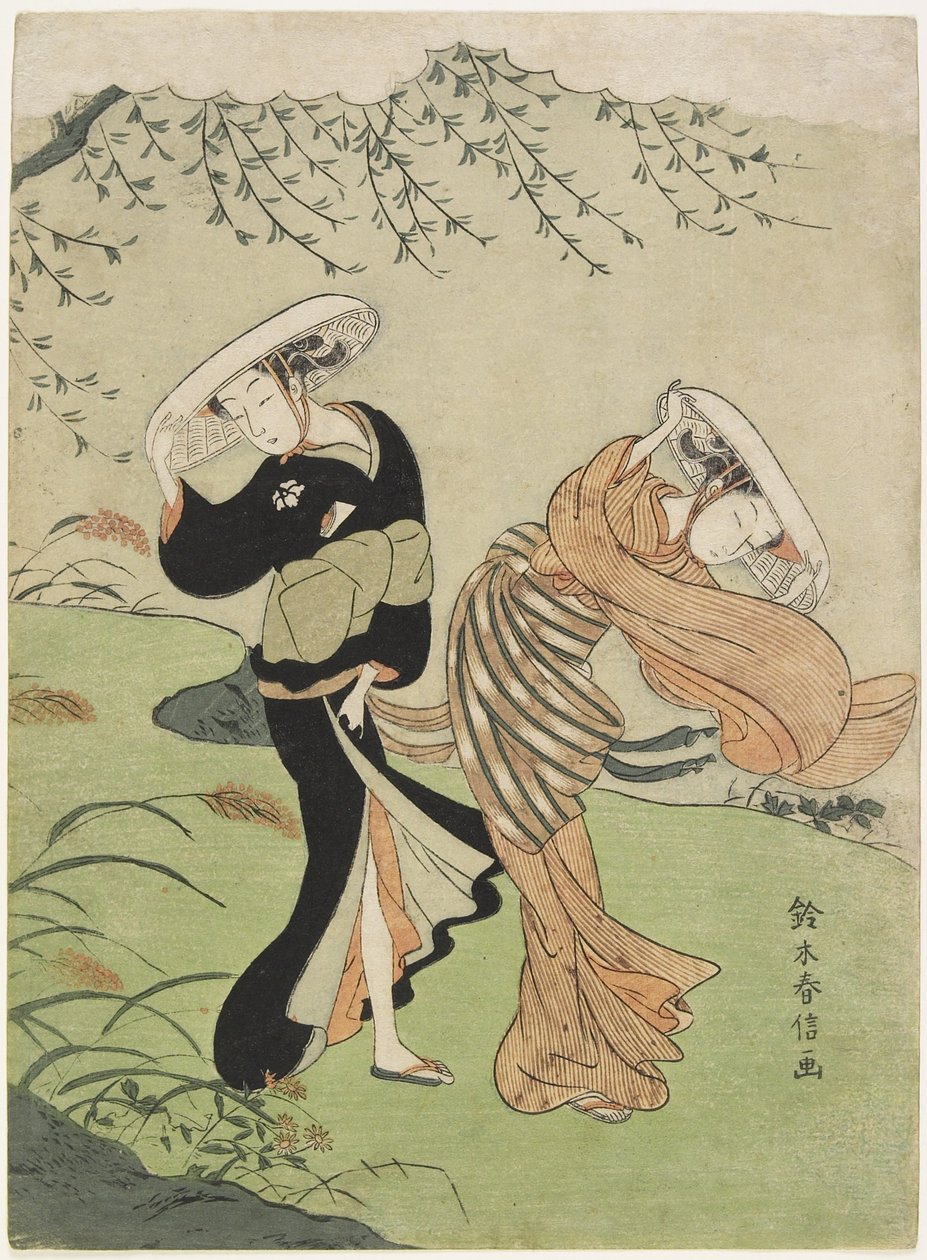 Två kvinnor i stark vind, ca. 1767 av Suzuki Harunobu
