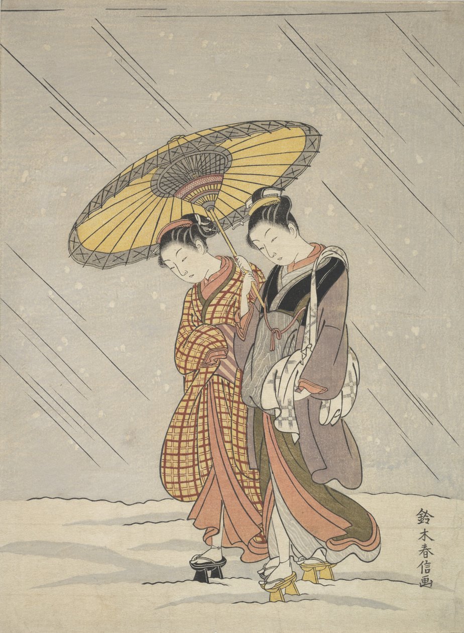 Två kvinnor i en storm, 1764-72., 1764-72. av Suzuki Harunobu