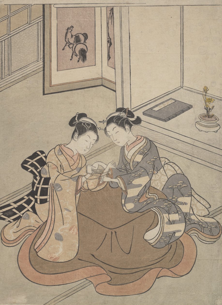 Två unga kvinnor som sitter vid en Kotatsu lekande kattvagga, ca. 1765., ca. 1765. av Suzuki Harunobu