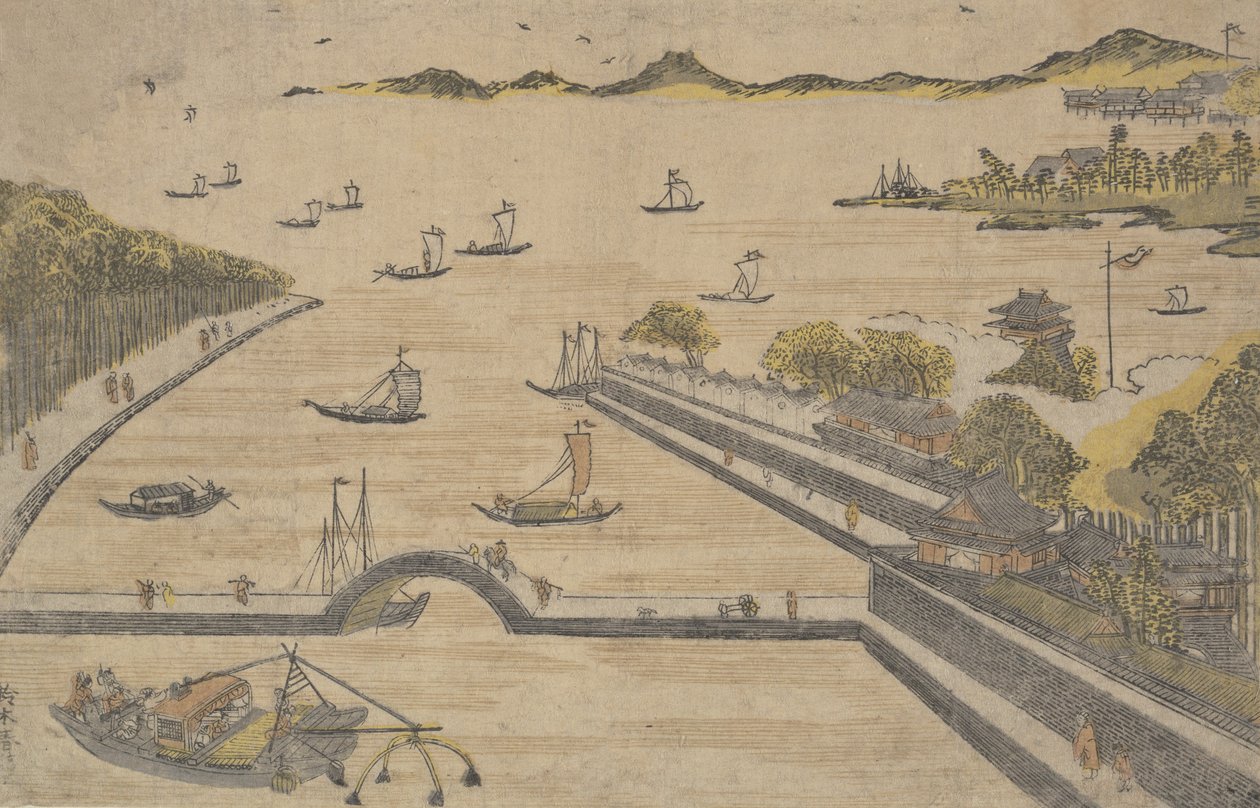 Utsikt över Fukagawa, Edo, va? 1764. , mygga. 1764. av Suzuki Harunobu