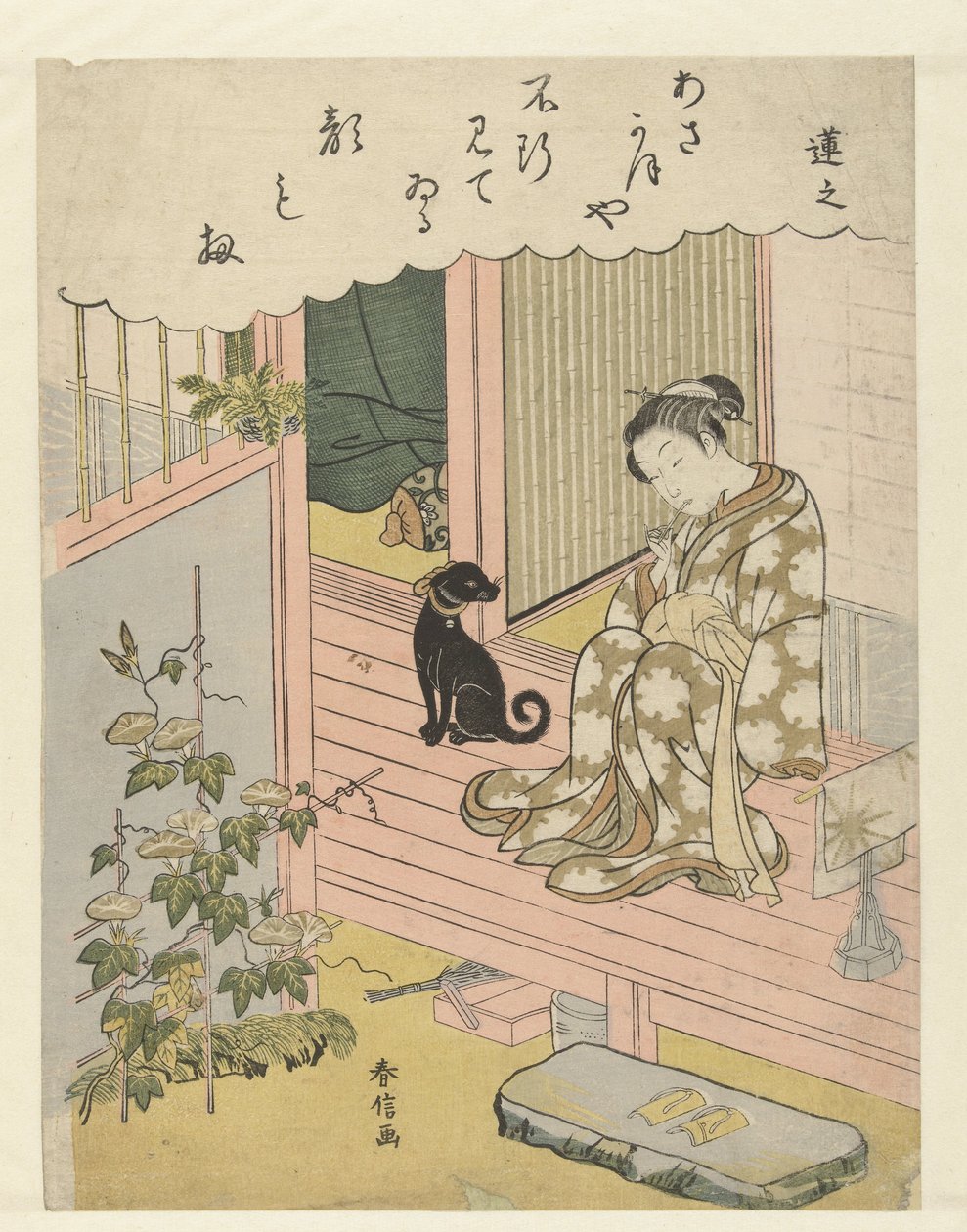 Kvinna som tittar på bindweed Renshi (titel på objekt) Fem eleganta färger av bläck (serietitel) Furyu goshikizumi (serietitel) av Suzuki Harunobu