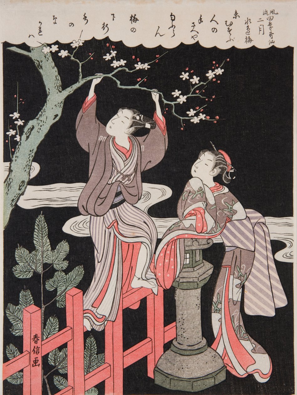 Vår (februari). En ung man bryter en gren från ett blommande plommonträd åt sin älskade, ur serien: Förfinade dikter om de fyra årstiderna / Fūryū shiki kasen av Suzuki Harunobu