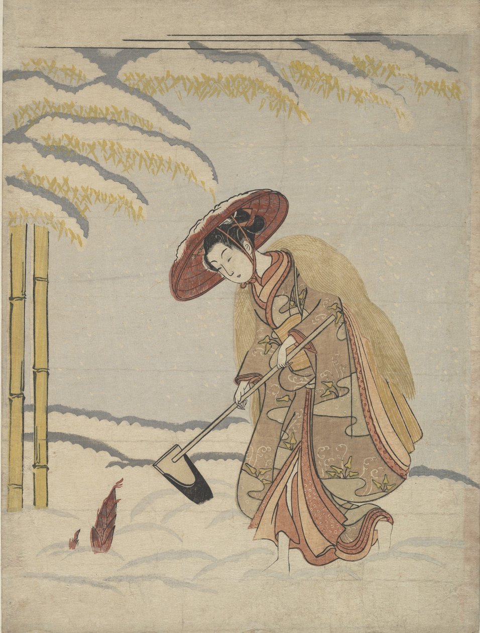 Woman Digging Bamboo Shoots in the Snow, eller parodi på Meng Zong Moso, från Twenty-Fo..., ca. 1765. av Suzuki Harunobu