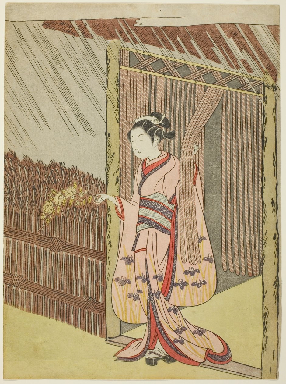 Kvinna som håller en gren av Kerria-blommor i regnet (parodi på Ota Dokan) av Suzuki Harunobu