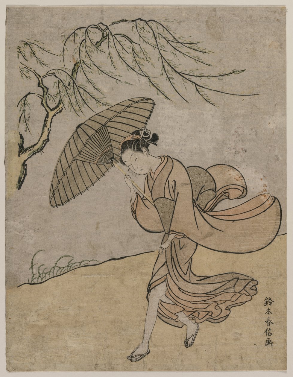 Kvinna som springer förbi ett pilträd i en bris, 1766 eller 1767. av Suzuki Harunobu