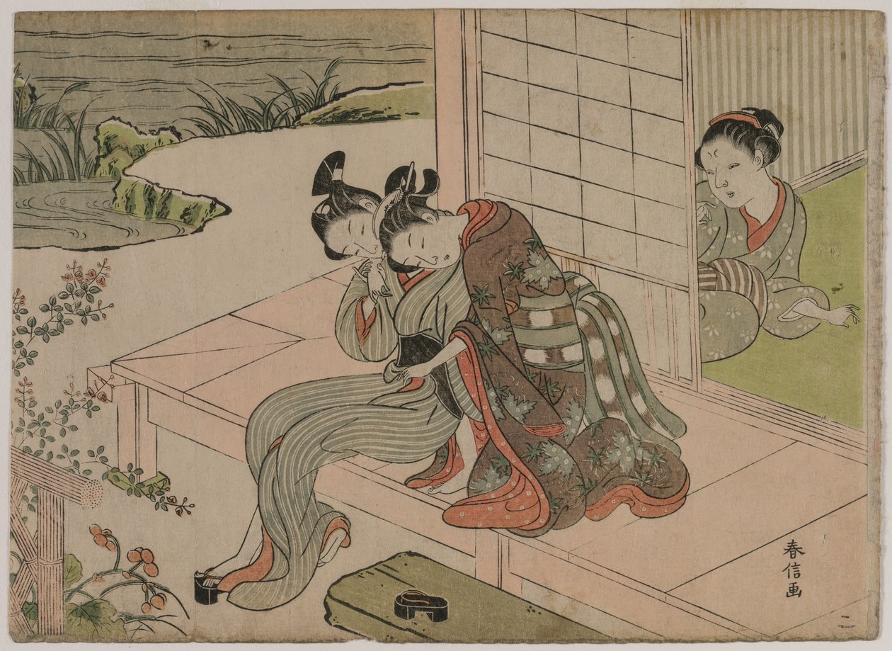 Kvinna som tittar på unga par omfamnas på en veranda, sent 1760-tal. av Suzuki Harunobu