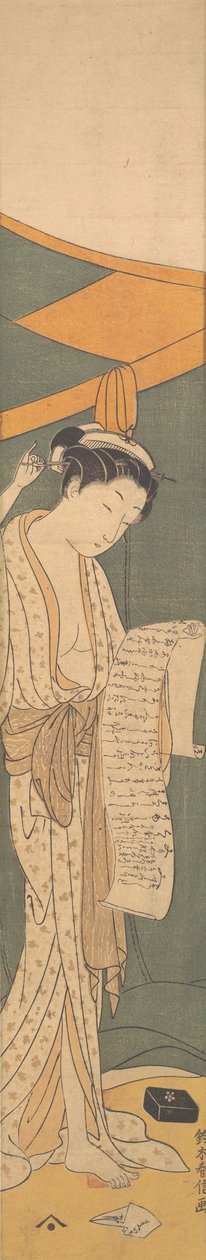 Kvinna i nattrock som läser ett brev, 1764-72., 1764-72. av Suzuki Harunobu