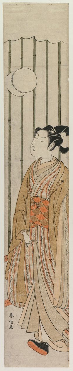 Ung man spelar fotboll, sent 1760-tal. av Suzuki Harunobu