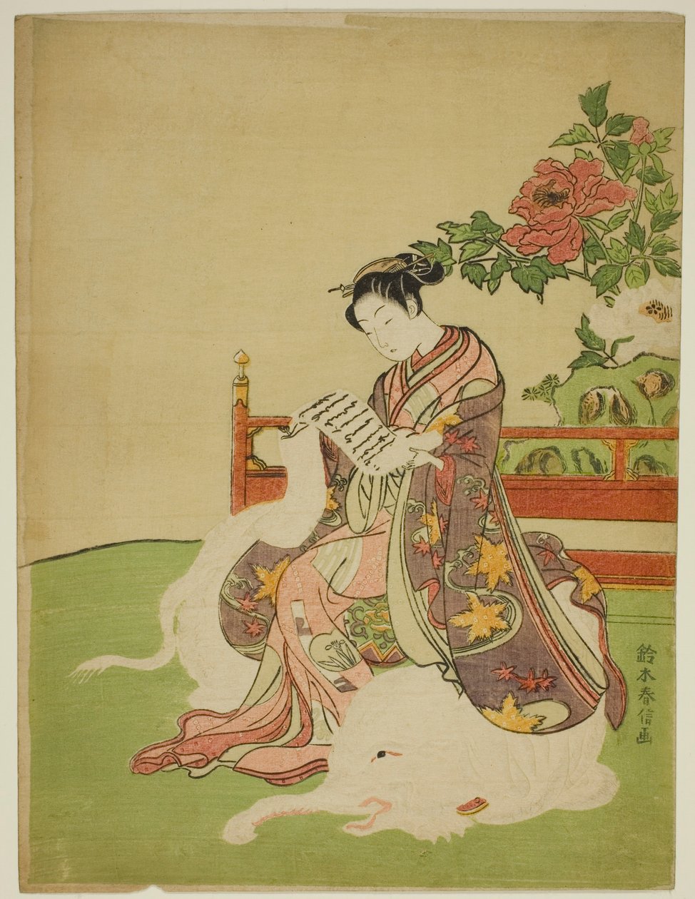 Ung kvinna sitter på en vit elefant (parodi på Bodhisattva Fugen) av Suzuki Harunobu