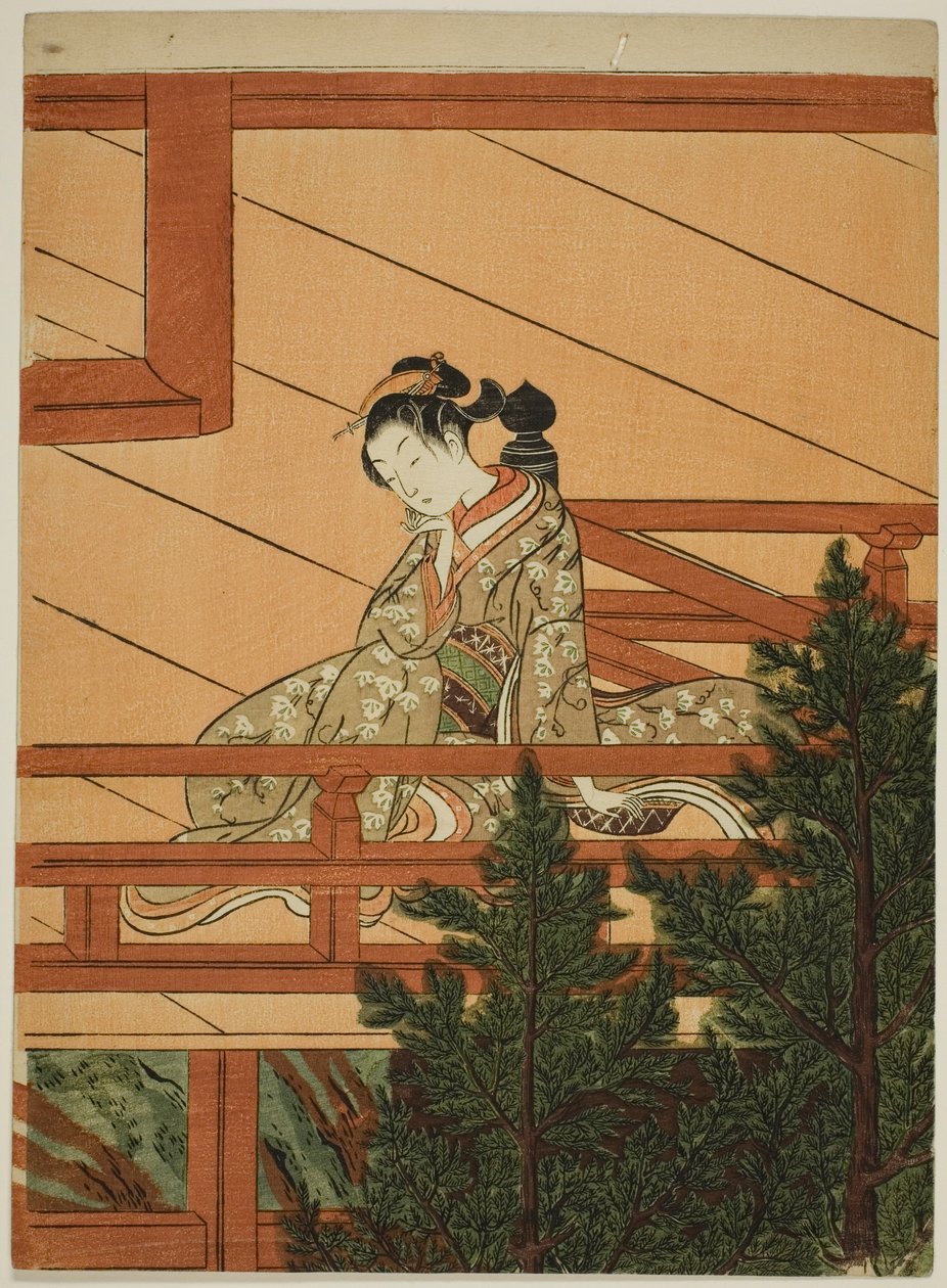Ung kvinna sitter på balkongen till Kiyomizu-templet av Suzuki Harunobu