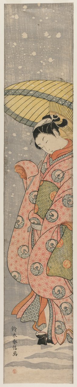 Ung kvinna som står under ett paraply i snön, 1767-1768. av Suzuki Harunobu