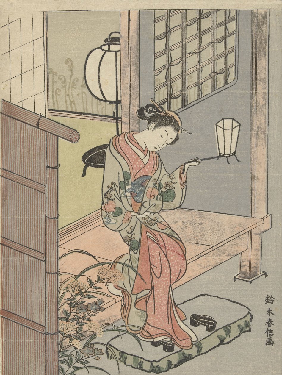 Ung kvinna med en lykta, 1765-70 (träsnitt i färg) av Suzuki Harunobu