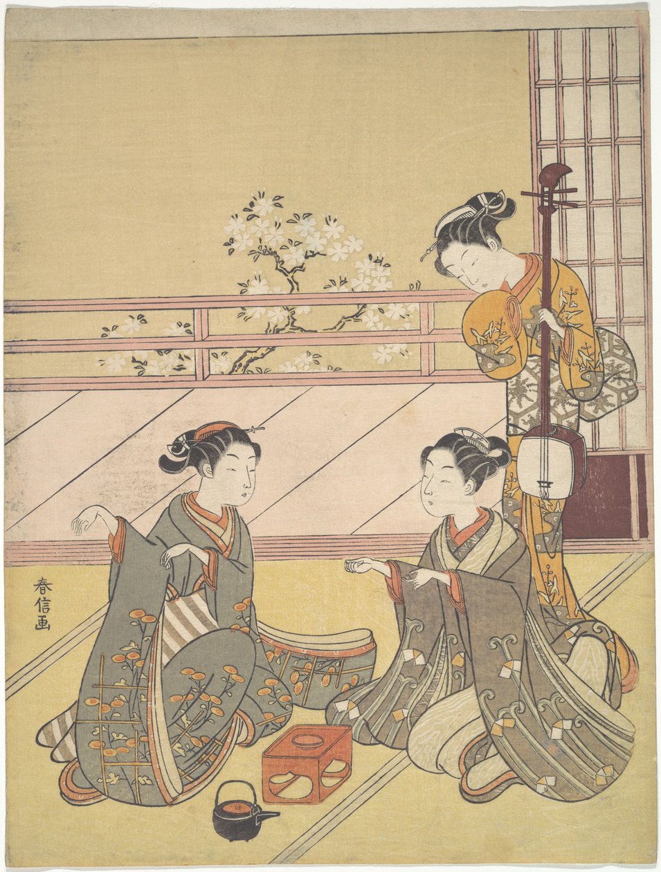 Unga kvinnor som spelar kitsune-ken (rävspelet) av Suzuki Harunobu