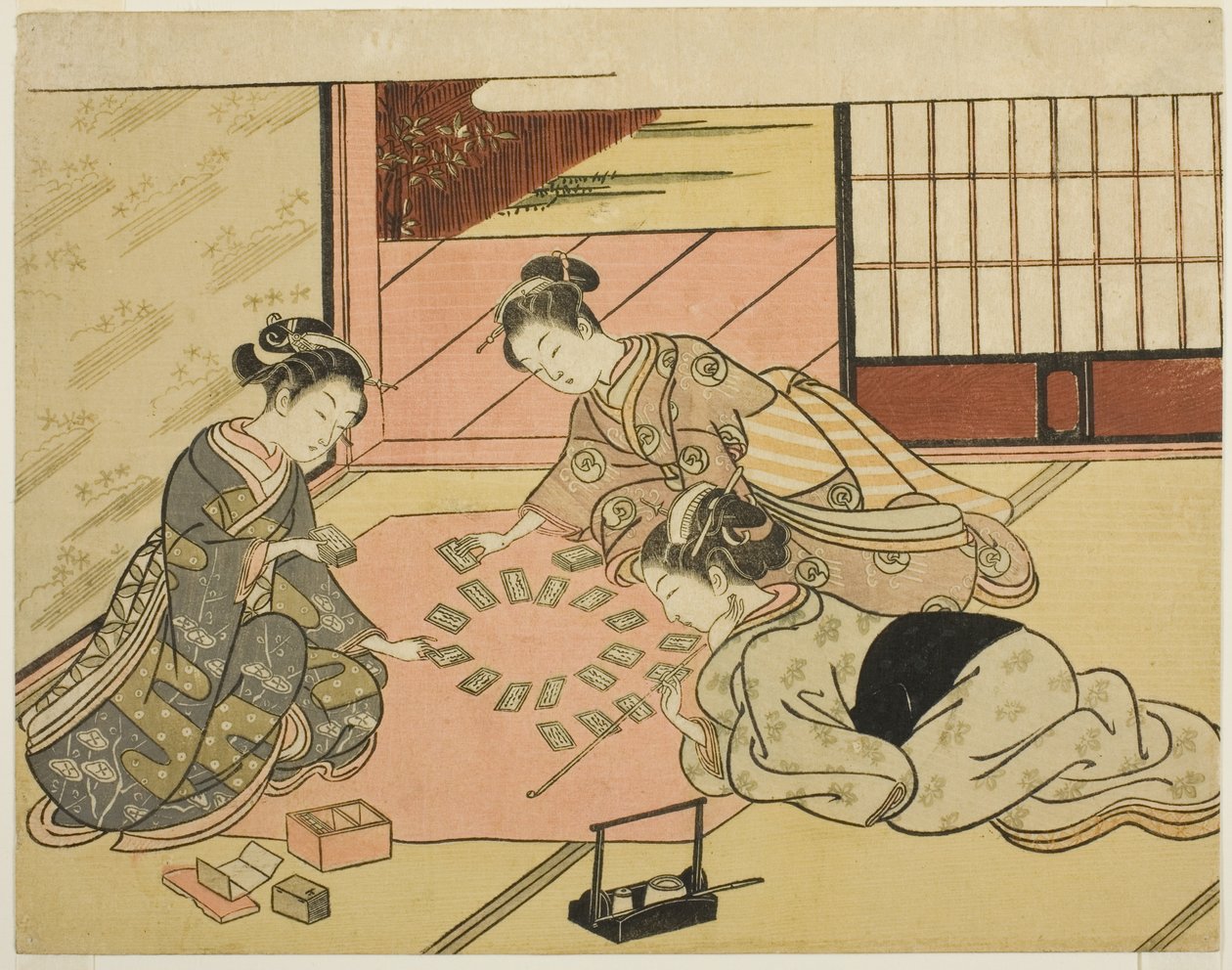 Unga kvinnor som spelar diktkort av Suzuki Harunobu