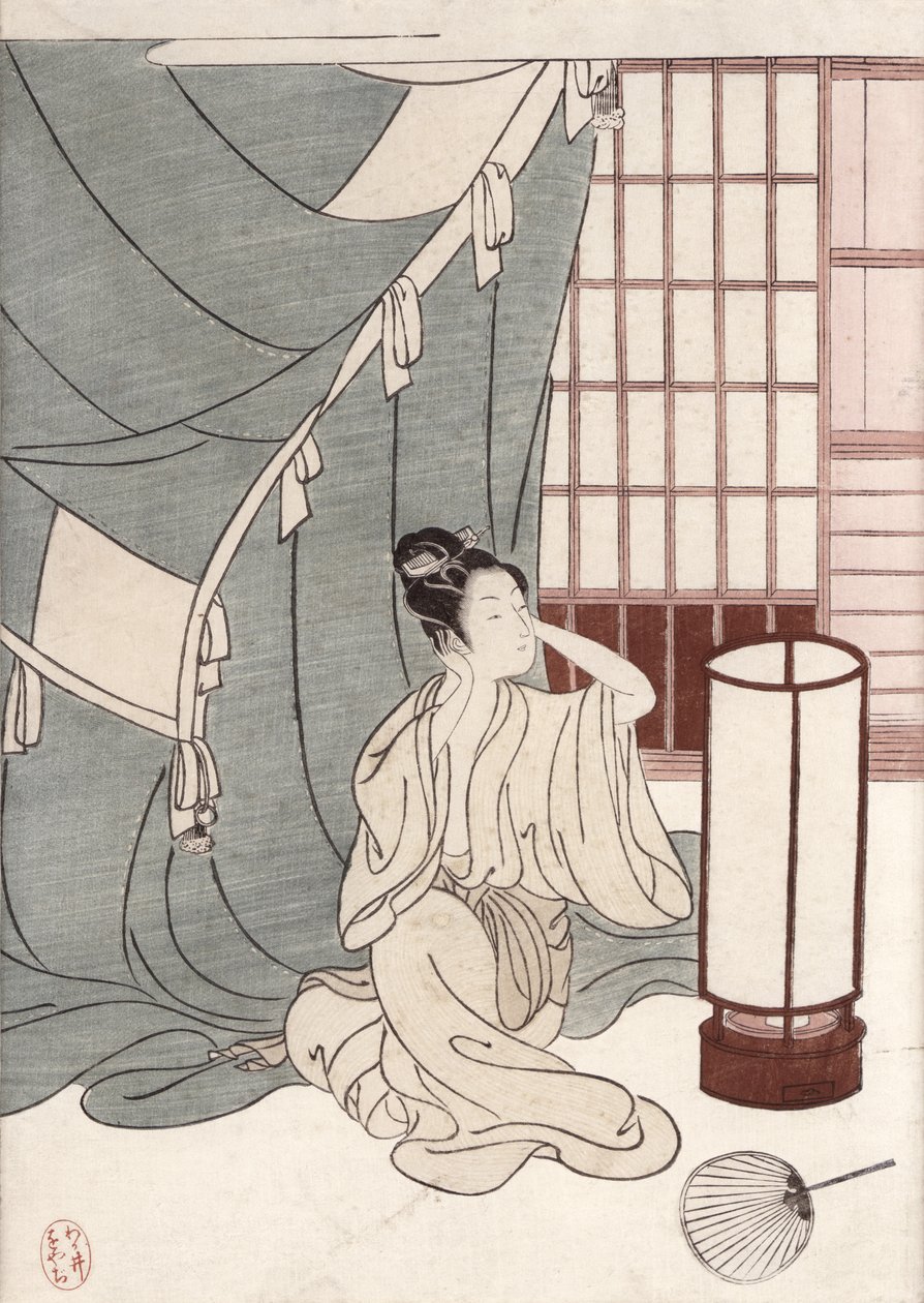 Ung kvinna på knä vid sitt myggnät, 1766 (trätryck i färg) av Suzuki Harunobu