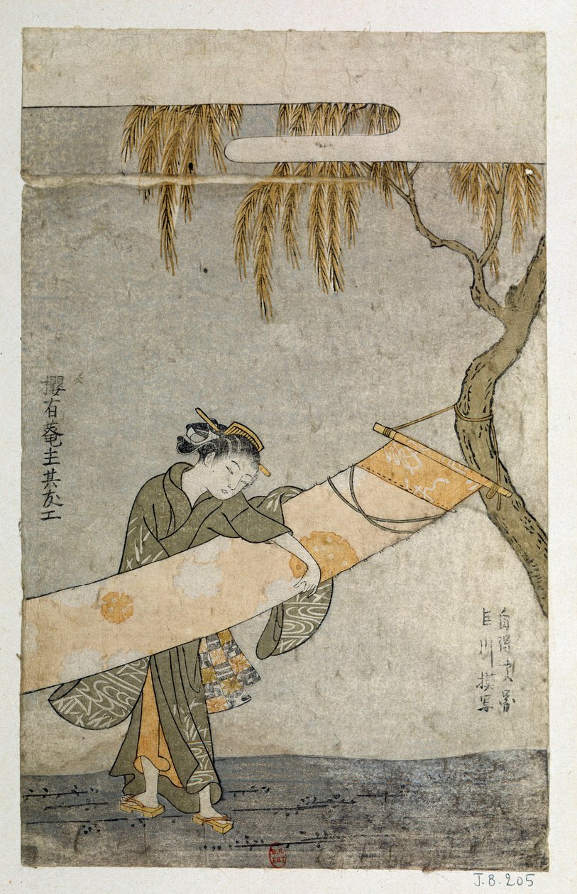 Ung kvinna som sköter en kakemono fäster vid ett träd. Japanskt tryck av Harunobu Suzuki (1725-1770) av Suzuki Harunobu