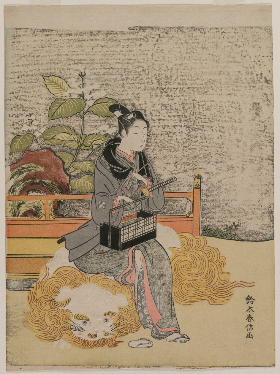 Ungdom som representerar Monju, vishetens gud på ett lejon, ca. 1767. av Suzuki Harunobu
