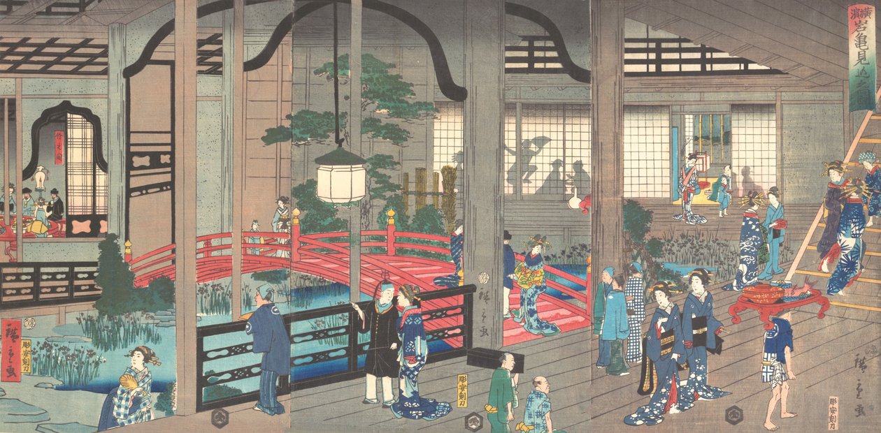 Inredningen av Gankiro Tea House i Yokohama, 1861 april. av Suzuki Hiroshige