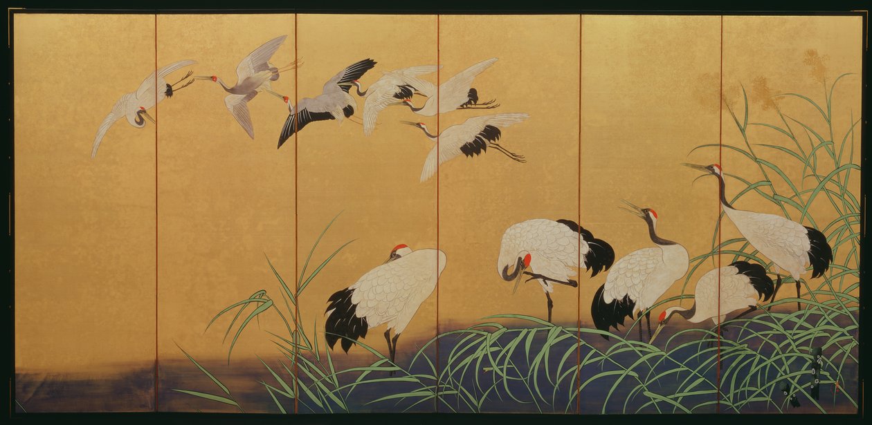 Sexfaldig skärm som visar vass och tranor, Edo-period, japansk, 1800-talet (färg på förgyllt siden) av Suzuki Kiitsu