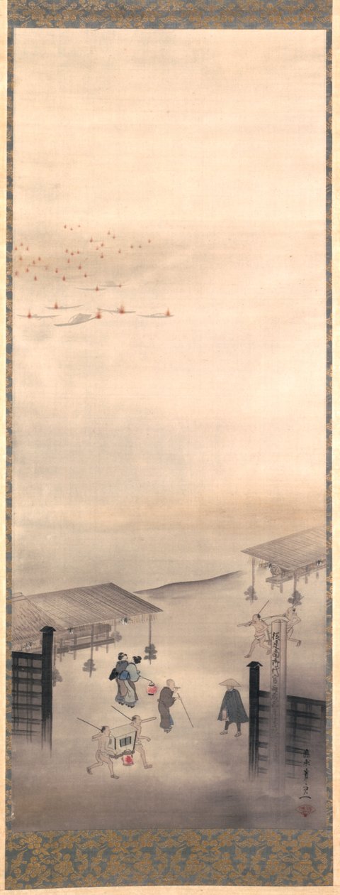 Yoshiwara och Shinagawa, Edo Period (bläck, färg & guld på siden) av Suzuki Kiitsu