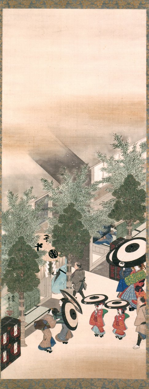 Yoshiwara och Shinagawa, Edo Period (bläck, färg & guld på siden) av Suzuki Kiitsu