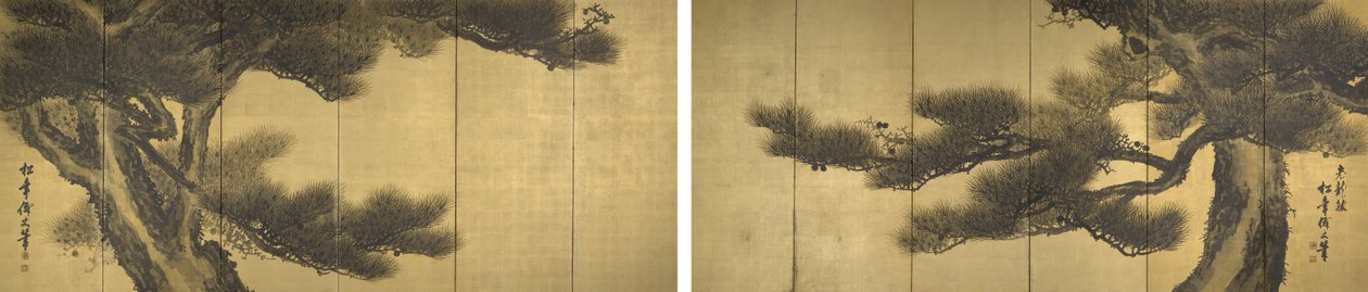 Åldrade drakar (bläck och ljus färg på bladguld över papper) av Suzuki Shōnen