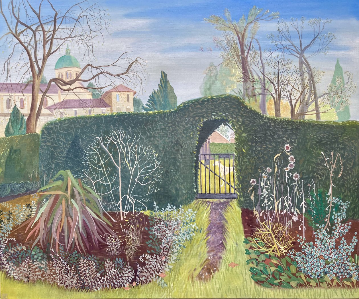 Köksträdgårdens ingång, Waterlow Park, Highate, 2025 (olja på linne) av Suzy Fasht