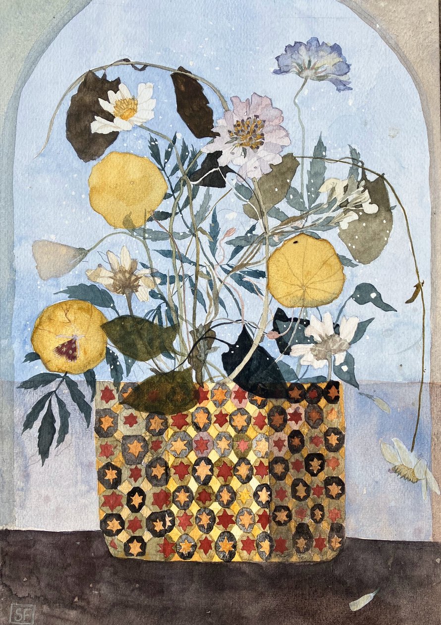 Pressade blommor och en florentinsk kruka, 2025 (akvarell på papper) av Suzy Fasht