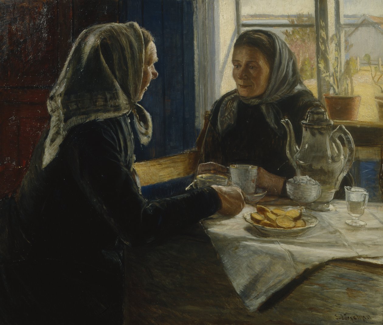 Två kvinnor som dricker kaffe (olja på duk) av Sven Jorgensen