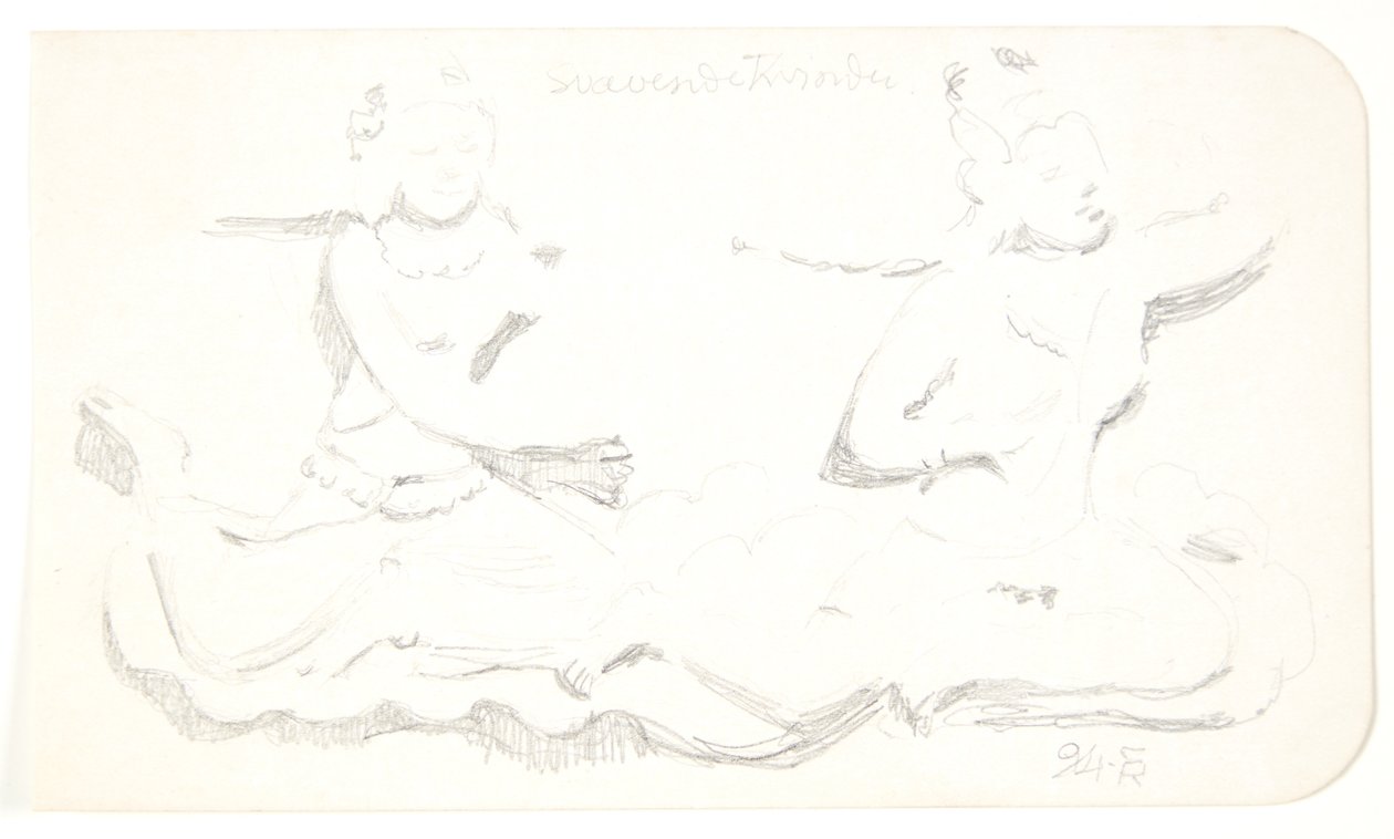 "Flytande kvinnor". Studieblad efter reliefer i Borobudur, Java. av Svend Rathsack
