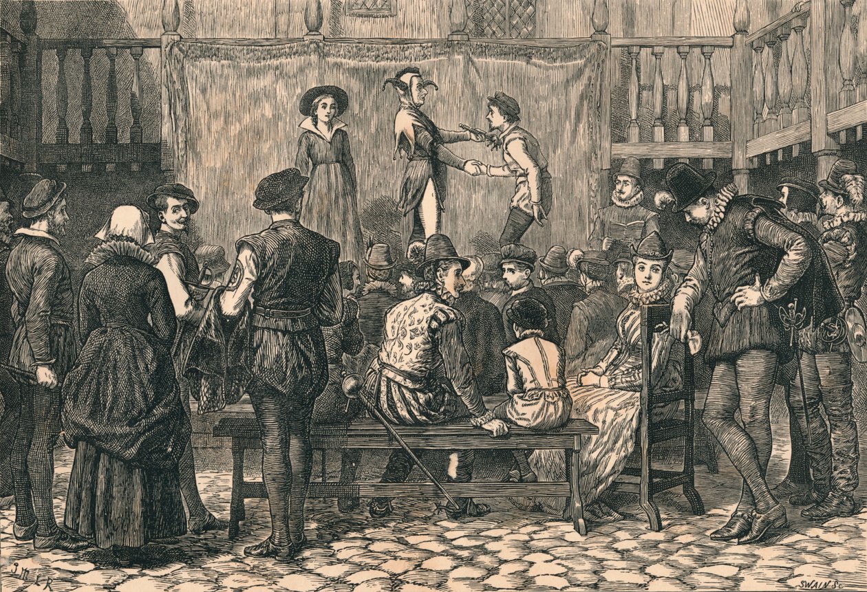 A Play in a London Inn Yard, In the Time of Queen Elizabeth, c1873. av Swain