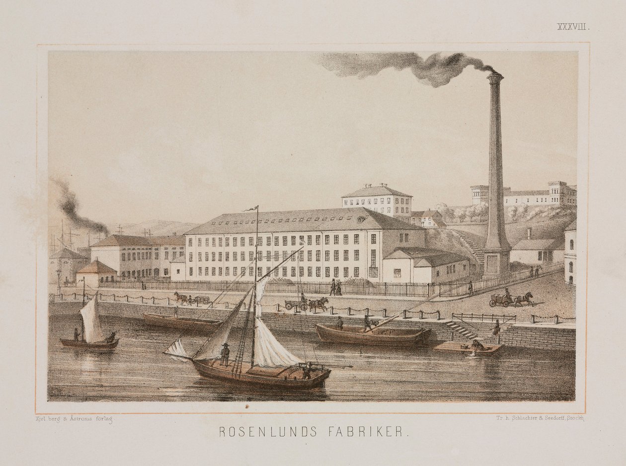‘Rosenlunds Fabriker’ (Rosenlunds Factory), Rosenlunds, Stockholm, Sweden, c.1840 (colour litho) av Swedish School