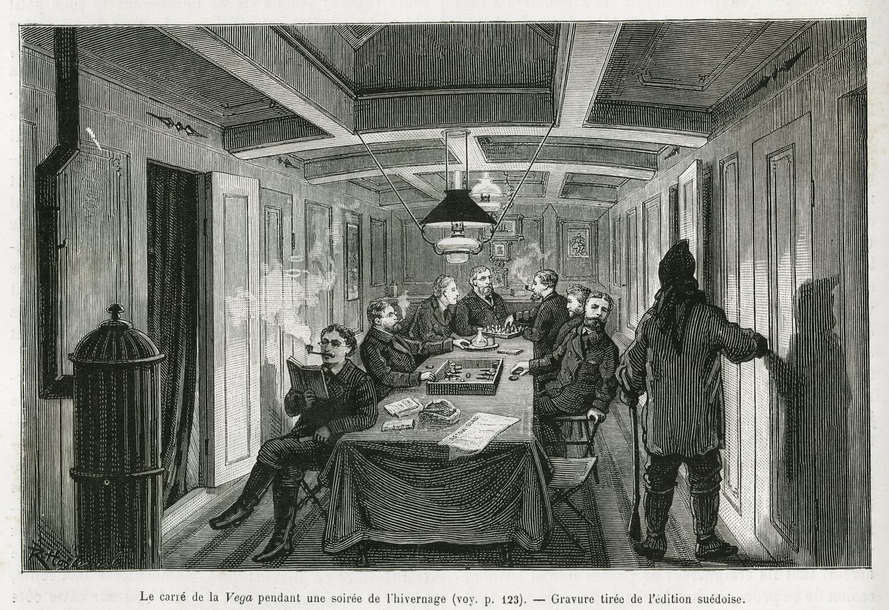 La Vegas torg, under en vinterkväll, och besättningens aktiviteter: läsning, schack och backgammonspel, samt likörprovning. Gravyr från den svenska upplagan, för att illustrera historien "" Voyage de la Vega runt Asien och Europa", av Ni av Swedish School
