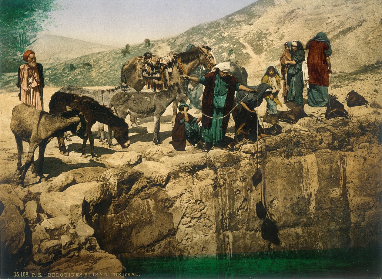 Beduinkvinnor som drar vatten, ca 1880-1900 (fotokrom) av Swiss Photographer
