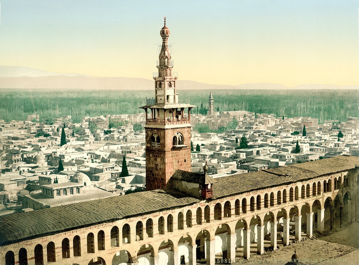 Den så kallade Minaret de la Fiancee av den stora Umayyad-moskén i Damaskus, ca 1880-1900 (fotokrom) av Swiss Photographer