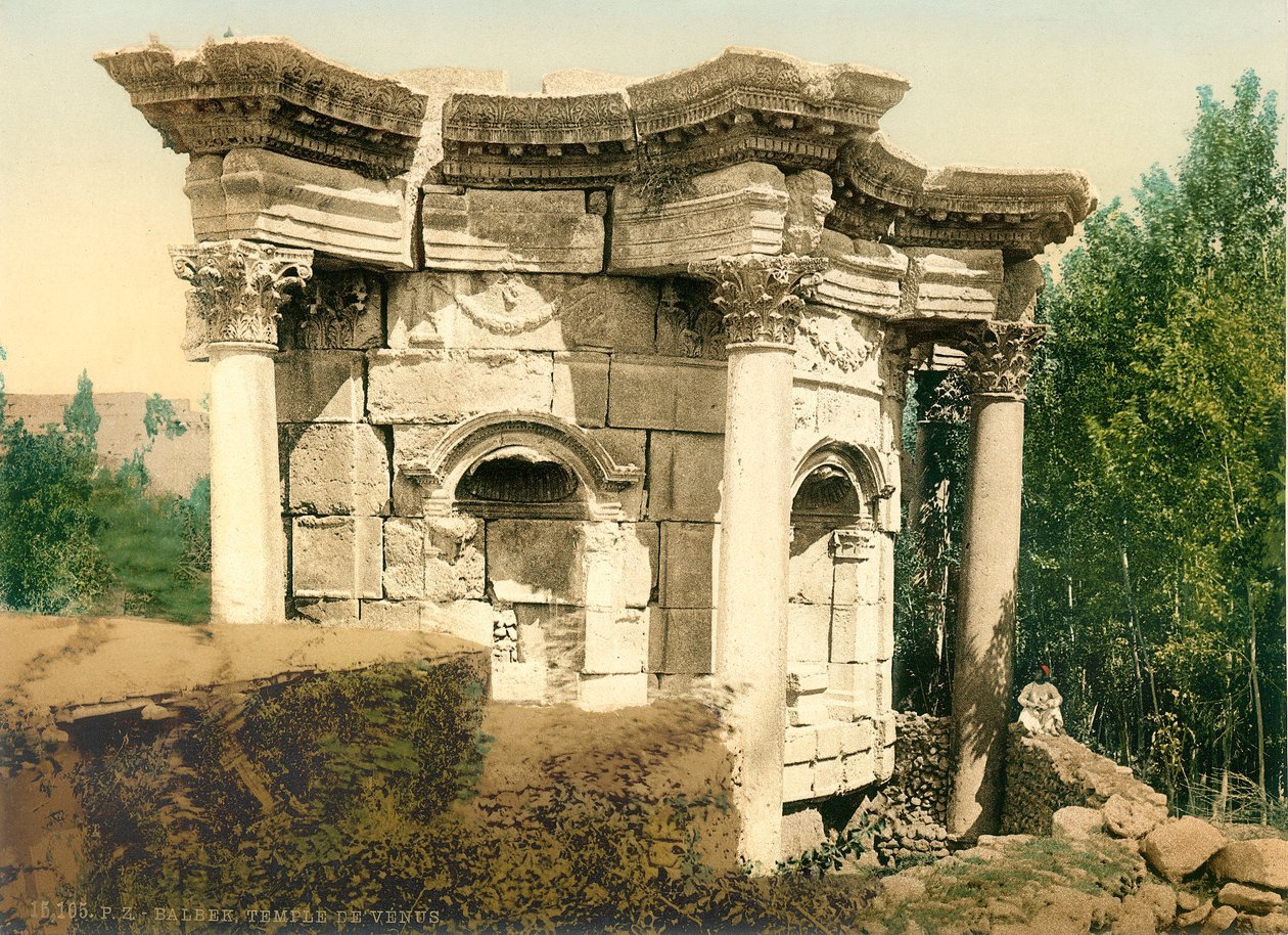 Det unika cirkulära templet i Baalbek, känt som Venustemplet, ca 1880-1900 (fotokrom) av Swiss Photographer
